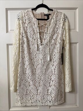Forever 21 Cream Lace Long-Sleeve Mini Dress with Lace-Up Neck